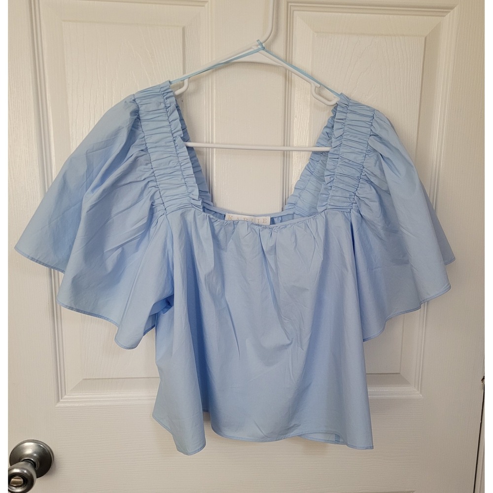 Karlie Square Neck Flutter Sleeve Top Blue Cotton Smocked Shoulder Size L NWt